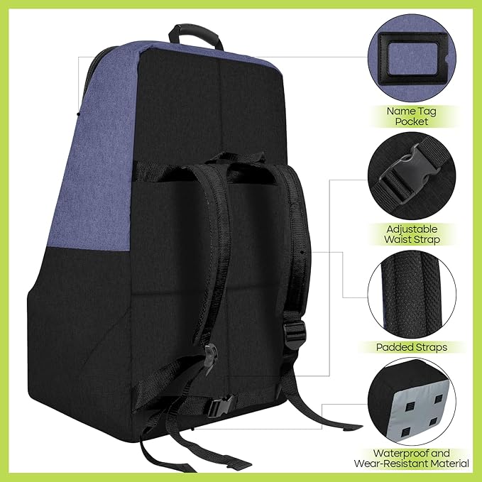 ZRRAJOY Padded Car Seat Travel Bag for Airplane, Heavy Duty Backpack for Air Travel, Water-Resistant Carrier with Shoulder Strap, Fits Most Car Seats (Blue+Black)
