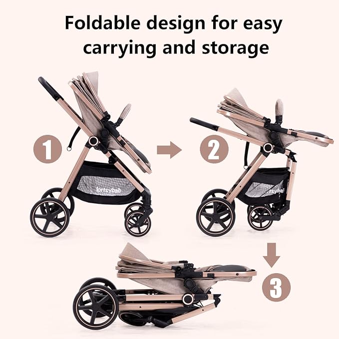 2-in-1 Baby Stroller - Folding Infant Newborn Pram Stroller with Reversible Seat - Toddler Strollers for 0-36 Months Old Babies (Beige)