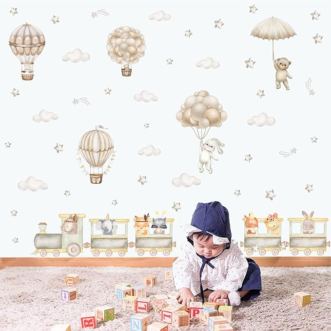 Large Train Animal Wall Decals Cartoon Balloon Animal Wall Stickers Watercolor Cloud Hot Air Balloon Wall Decals Peel and Stick Cute Animal Train Wall Stickers for Kid Room Baby Nursery Decor