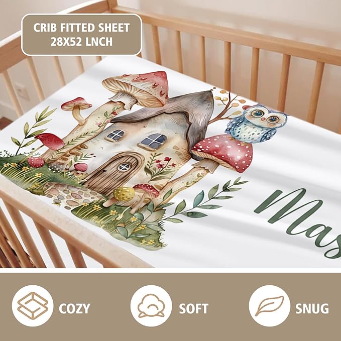 Personalized Baby Crib Bedding Set, Custom Name Mushroom House Baby Bedding 2-Pcs Set - Soft Double Layer Dotted Blanket and Fitted Sheet, Nursery Bedding for Newborn Boys Girls, Perfect Shower Gift
