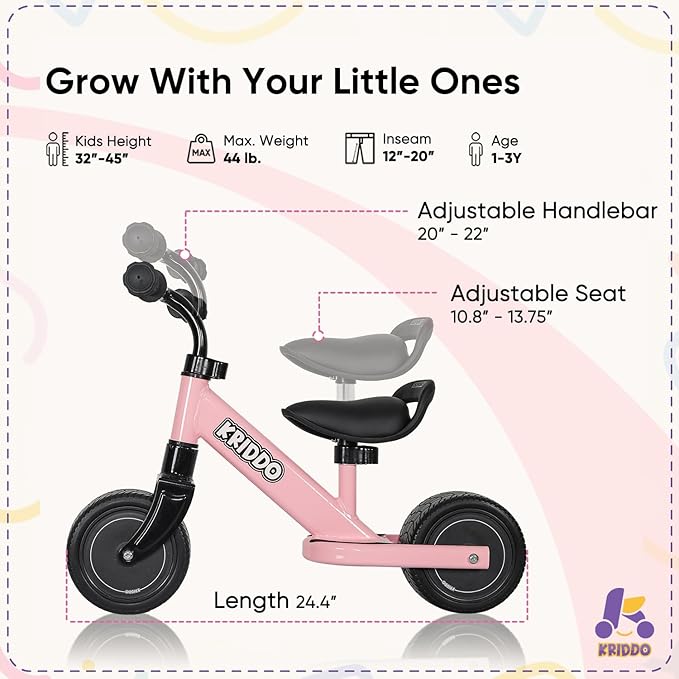 KRIDDO Baby Balance Bike Mini Cruiser Design with Wide PU Wheels for 1-3 Year Olds Ideal First Birthday Gift and Baby Toy, Pink