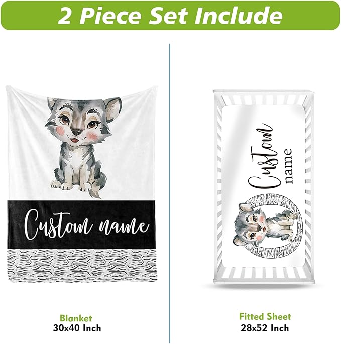 Personalized Baby Crib Bedding Set, Custom Name Little Wolf Baby Bedding 2-Pcs Set - Soft Double Layer Dotted Blanket and Fitted Sheet, Nursery Bedding for Newborn Boys Girls, Perfect Shower Gift