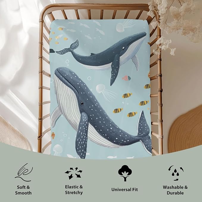 Boho Ocean Animals Baby Crib Sheets Boy Girl 28"x52" Whale Shark Jellyfish Coral Seaweed Soft Snug Fitted Crib Mattress Cover Nautical Coastal Marine Baby Sheet for Standard Crib & Toddler Mattress