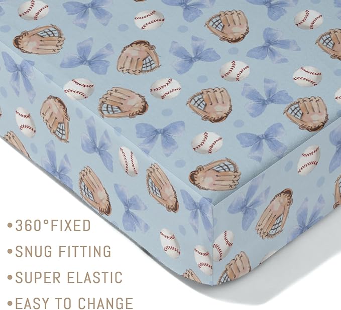 Pastel Blue Baseball Bows Baby Crib Sheets for Boys Watercolor Boy Baseball Soft Snug Fitted Crib Mattress Covers for 52''x28'' Standard Crib & Toddler Mattresses Outdoor Sports Bed Sheets