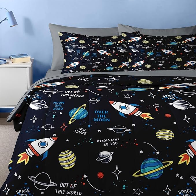 Nesker 4 Pcs Comforter Set Toddler Size, Space Moon Universe Bedding for Kids Teen, Rockets Planets Stars Bed Sheet with Pillowcase & Sham