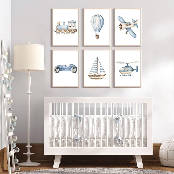 Lhoiplme Baby Boy Nursery Wall Art Transportation Blue Car Canvas Prints Vintage Toddler Vehicle Pictures Decor Hot Air Balloon Airplane Nursery Poster for Kids Boys Room Bedroom 8x10x6 Inch Unframed