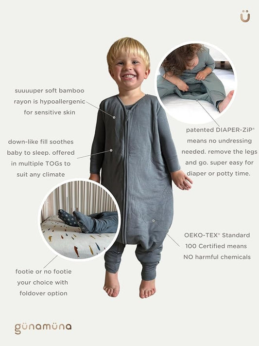 GUNAMUNA Baby Footie Sleep Bag – Walkable Wearable Blanket with DIAPER-ZiP, Convertible Foot Cuffs, Anti-Slip Grips