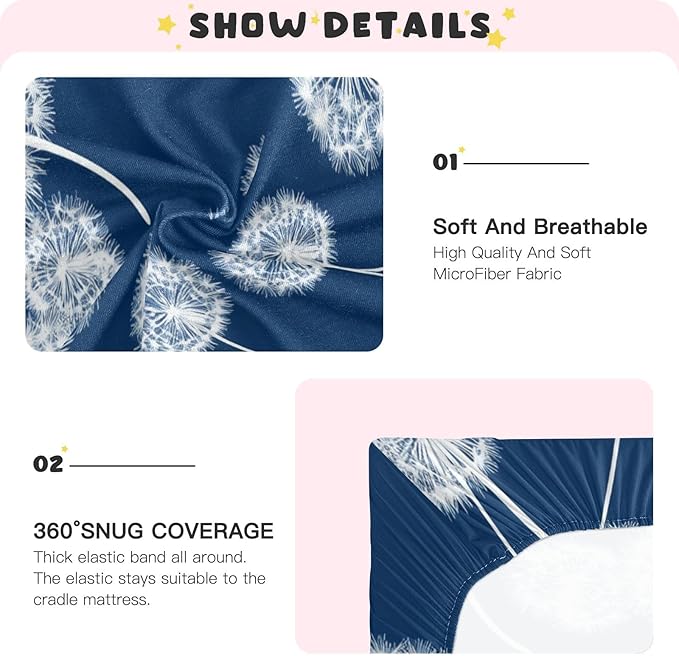 Blue Dandelion Crib Sheets Standard Crib Toddler Mattresses Cover Fitted Baby Bed Sheet Breathable Crib Mattress Sheet for Girls Boys 39''x27''x9''