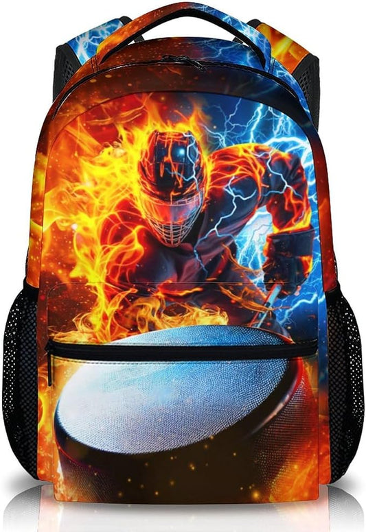 CustomWish Boys Backpack for School - Ice Hockey Backpacks for Kids Teens Elementary Middle Primary High Senior - 17 Inch Lightweight Large Capacity Sport Themed Bookbag Gift