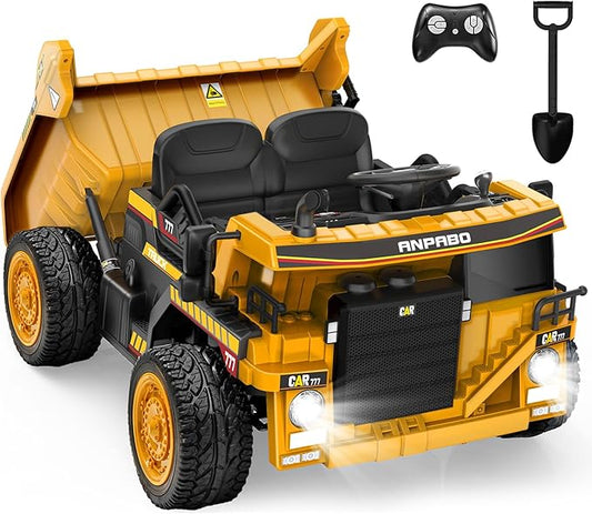 ANPABO 24V Ride On Dump Truck, 2X75W Powerful Motors, Up to 4.4Mph, EVA Tires, Construction Vehicle w/Electric Dump Bed and Extra Shovel, 19" Spacious 2 Seater, Kids Car w/Parent Remote -Yellow