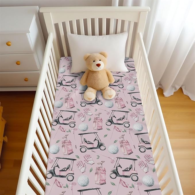 Golf Cart Bag Flag Gloves Pink Fitted Crib Sheet for Baby Girls Boys 52x28Inch Golfing Gear Sports Fitted Crib Sheet Fits Standard Cribs and Toddler Mattresses Golfs Lovers Gift Baby Sheets