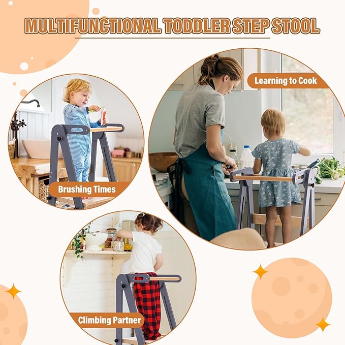 Gewitt Foldable Toddler Kitchen Stool Helper - Adjustable Height Folding Toddler Standing Tower, Kids Helper Stool with Safty Rail for Kitchen Counter Bathroom (Grey)