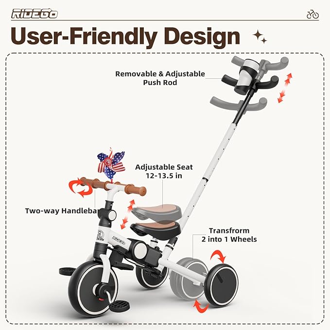 Ridego Toddler Tricycle with Push Handle for 3-5 Years Old Boys and Girls,5 in 1 Foldable Toddler Bike with Adjustable Seat, Kids Tricycle Ride-on Toys for Kids Birthday Gifts