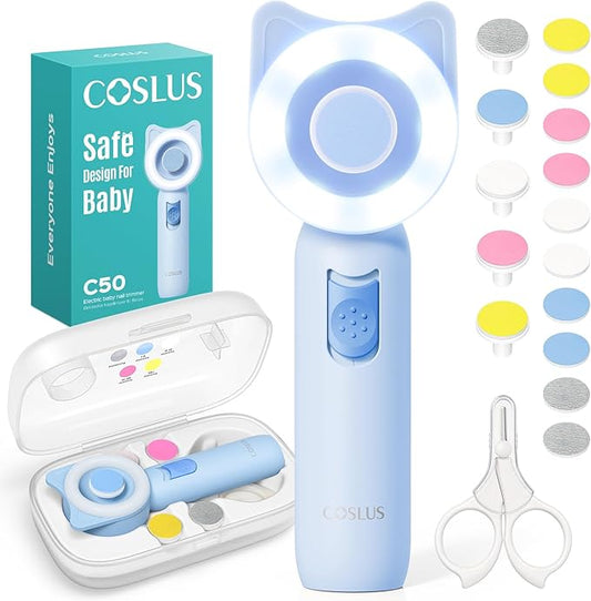COSLUS Baby Nail File, Baby Nail Trimmer Electric, Baby Nail Clipper - Gentle, Quiet with 360° Light, Safe for Sleep Time Grinding, 16-in-1 Kit for Newborn, Infant & Toddler (C50, Sky Blue)