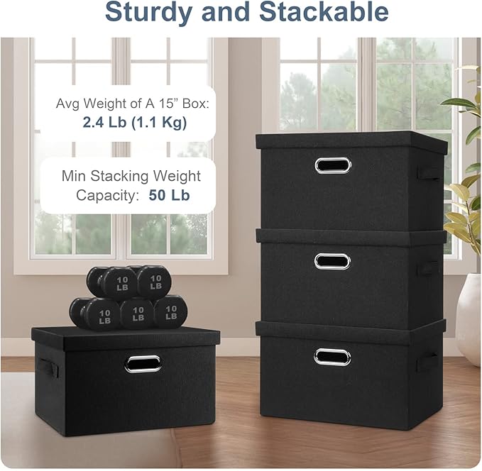 Graciadeco Medium 15" 21 Quart Collapsible Stackable Storage Bins with Lids, 5 Packs Black Foldable Fabric Closet Storage Boxes with Lids, Lidded Heavy-duty Linen Baskets(15x11x8)