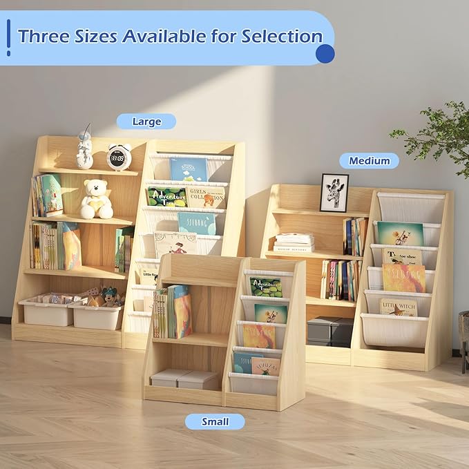 HedoAjim 4 Tier Kids Bookshelf Baby Toddler Book Rack Children Bookcase Toy Storage Organizer with 6 Sling Adjustable Shelf for Nursery Playroom Classroom Library Bedroom Natural Wood
