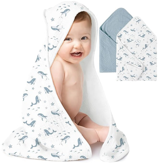Konssy 2-Pack Muslin Hooded Baby Towels, 100% Cotton, Ultra-Soft & Absorbent Baby Bath Towels with Hood for Newborn & Infant (Blue, Blue Whale, 32" x 32")
