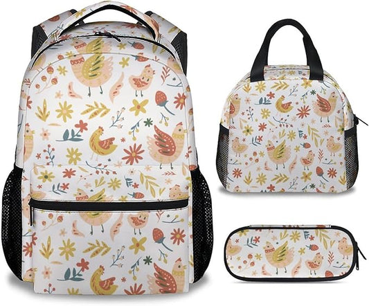 COOPASIA Chicken Backpack with Lunch Box and Pencil Case, 16 Inch Chicken Theme Bookbag with Adjustable Straps, Durable, Lightweight, Large Capacity, School Backpack for Girls Women