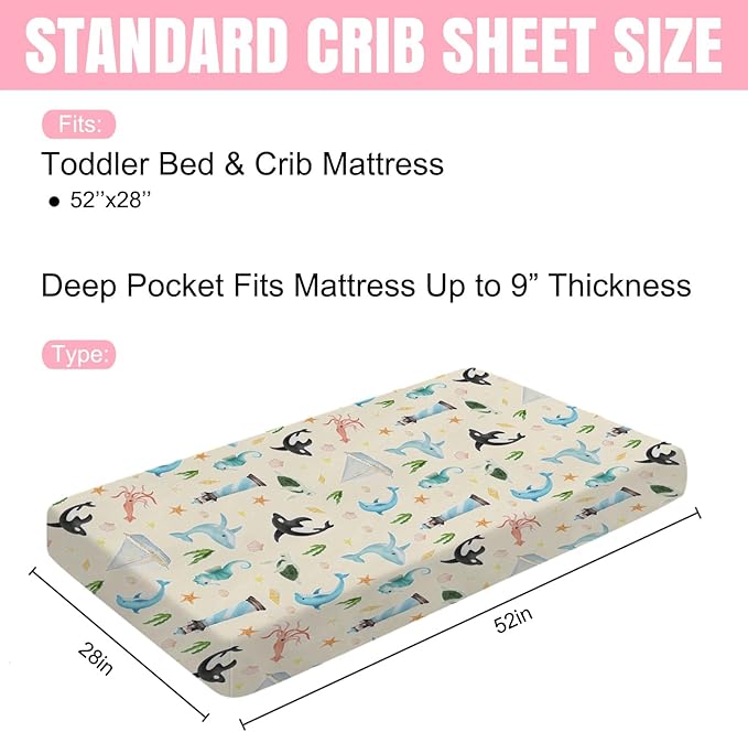 Colorful Sea Animals Baby Crib Sheet 52''x28'' Ocean Whale Dolphin Turtle Shells Coral Lighthouse Ship Stretchy Fitted Crib Mattress Cover for Boy Girl Baby Sheets for Standard Crib Toddler Mattress