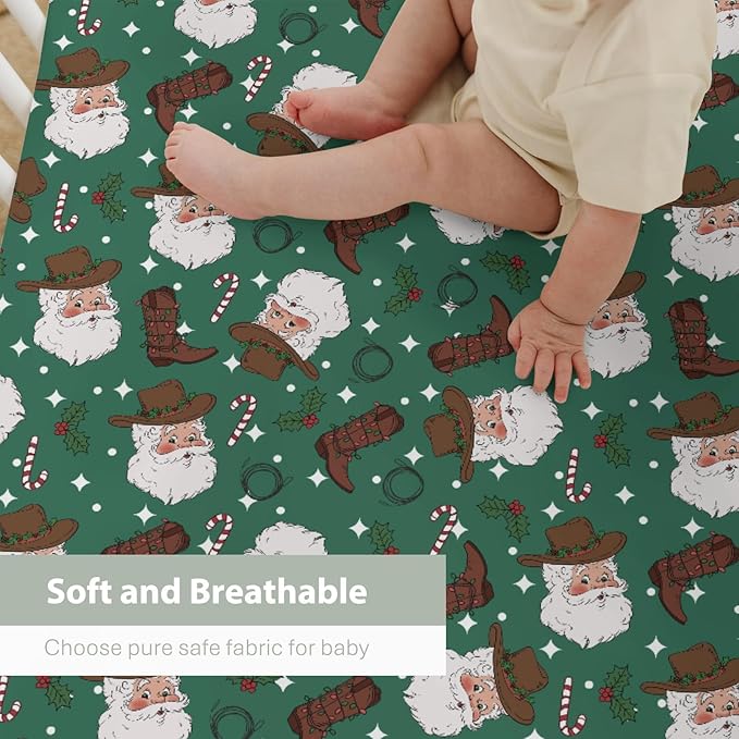 Green Cowboy Santa Christmas Baby Crib Sheets for Boy Girl 52x28Inch Western Santa Hat Boots Fir Leaves Soft Snug Fitted Crib Mattress Cover Wild West Baby Sheet for Standard Crib & Toddler Mattress
