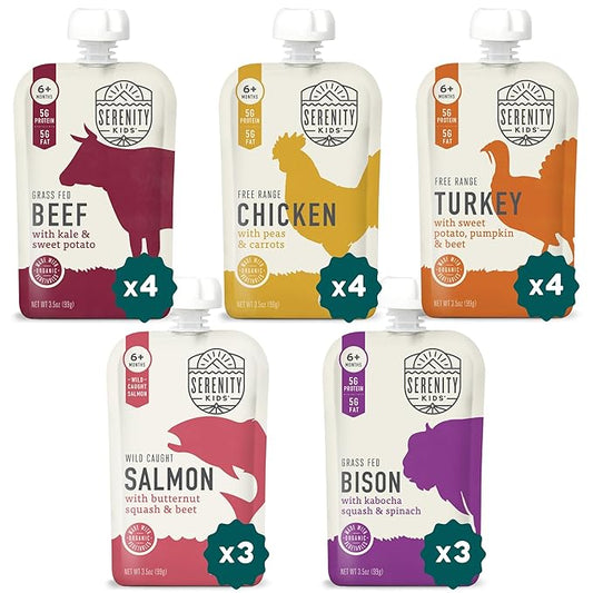 Serenity Kids 6+ Months Ethically Sourced Meat Baby Food Puree Pouches Variety Pack - 18 count (3.5 oz pouches) - No Added Sugar or Sugary Fruits - BPA & Allergen Free Natural Ingredients