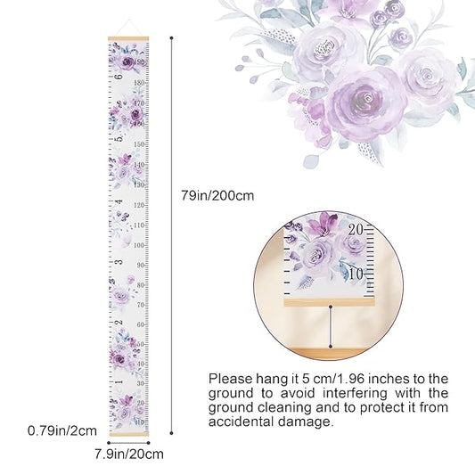 BESSLEE Canvas Kids Growth Chart for Wall, Purple Flowers Height Measurement Tracker for Baby Girl, Hanging Ruler with Removable Hook, Nursery Room Playroom Toddler Bedroom Decor, 79”x7.9”