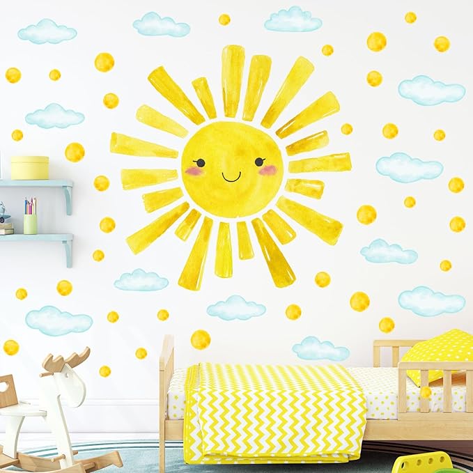 Eutecado Watercolor Large Sun Wall Decals Cloud Polka Dots Wall Stickers for Kids Room, 12 Sheets Lovely Smile Sun Wall Decor Stickers Peel and Stick Wall Decorations Stickers for Bedroom Nursery