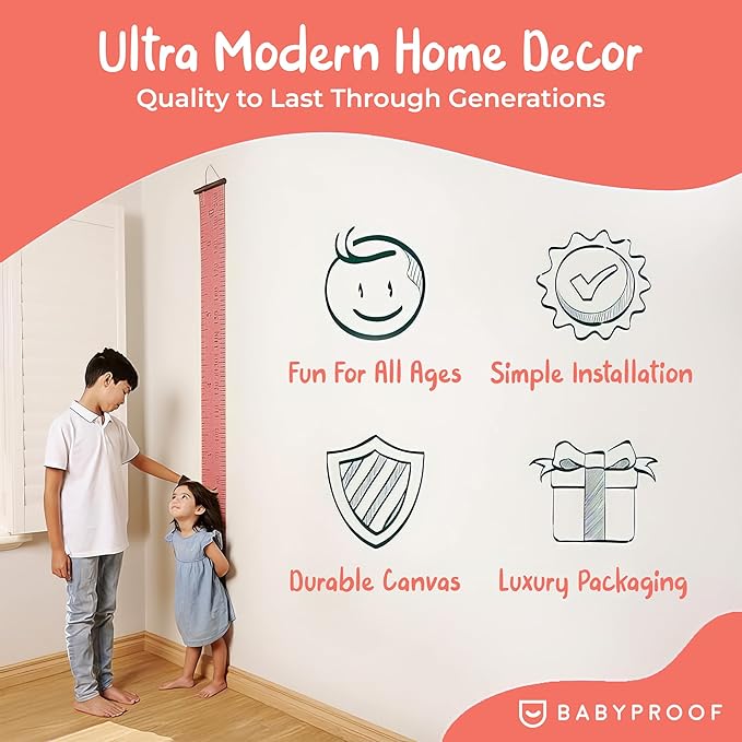 Growscroll Modern Kids Growth Chart for Wall - Unique Height Chart for Boys & Girls - Handcrafted Using Canvas & Hard Types of Wood - Makes A Great Collectible Or Family Heirloom - Coral
