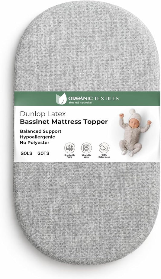 ORGANIC TEXTILES Organic Baby Mattress Topper with Heather Grey Removable Cover GOLS/GOTS Certified - Breathable - 2" Bassinet (30"x15")