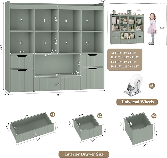 HORSTORS 48" W Kids Toy Storage Organizer, Large Toy Storage Chest with Removable Bins, 46" H Kids Bookshelf and Bookcase with Drawers for Boys and Girls, Modern Toy Box for Playroom, Classroom, Green