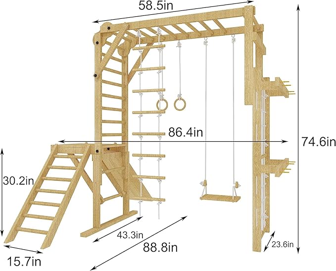 Avenlur Grove 9-in-1 Indoor Jungle Gym Playground: Montessori Waldorf Style Wood PlaySet for Kids, and Toddlers Features Monkey Bars, Rope Wall Net, Ladder, Climber, Slide, Ring Set. Ages 2-11yrs