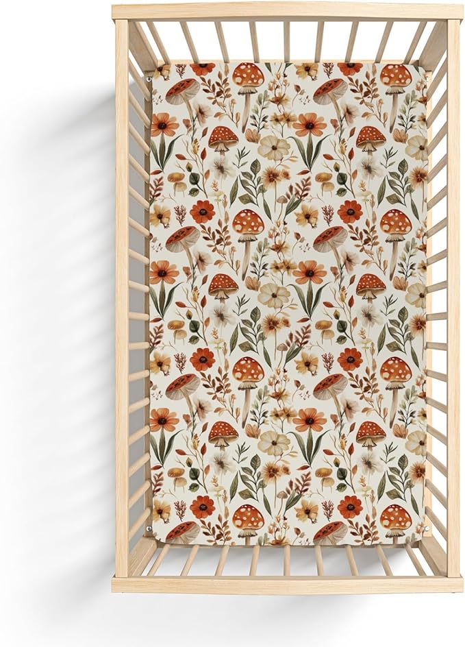 Boho Mushroom Floral Leaves Baby Crib Sheets for Boy Girl 28"x52" Vintage Mushrooms Soft Stretchy Fitted Crib Mattress Cover Retro Mushroom Nursery Baby Sheet for Standard Crib and Toddler Mattress