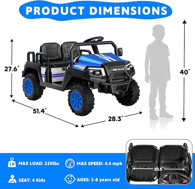 Electric Car for Kids, 24V 4 Seater Ride on Toys w/Parent Remote, 4 Wheeler Suspension, Max 220lbs Weight Capacity, USB, Music, Radio, LED Light, Ride on Truck for Boy/Girl Ages 3-8, Blue