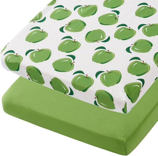 TILLYOU Mini Crib Sheets Fitted 2 Pack, Pack and Play Sheets for Toddler Mattress, Soft and Breathable 38”x 24” Pack n Play Mattresses Cover, Green Apple & Fruit Green
