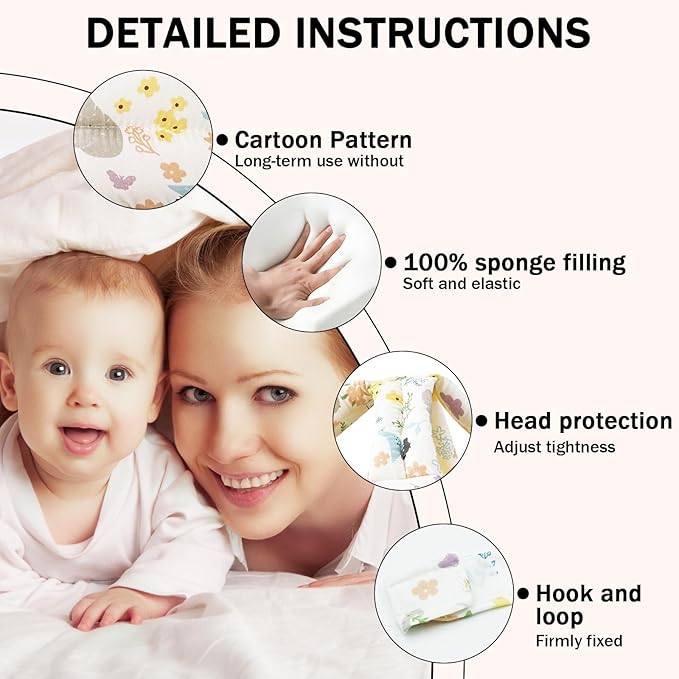 Baby Head Protector Baby Helmet for Crawling Walking, No Bumps Safety Head Adjustable Protective Cap for Walking, Playing - White Animal Flower