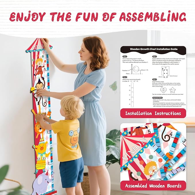 Woodemon Personalized Growth Chart for Wall, Circus Animals Height Measurement for Kids, Wooden Growth Chart for Kids Room Nursery Wall Decor