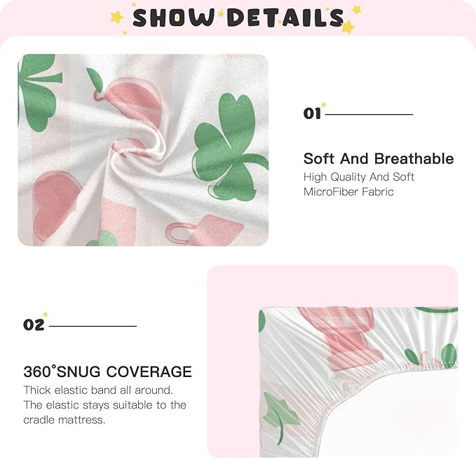 Pink Plaid St Patricks Day Clovers Hearts Crib Sheets Standard Crib Toddler Mattresses Cover Fitted Baby Bed Sheet Breathable Crib Mattress Sheet for Girls Boys 52" x 28"x5''