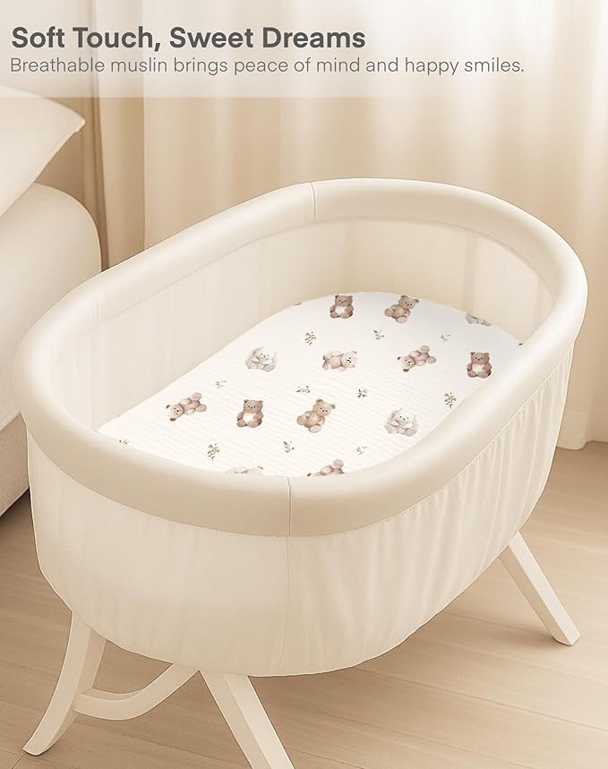 Muslin Bedside Bassinet Sheets 2 Pack, 33x20 Fitted Ultra Soft & Breathable Bedside Sleeper Sheets, Ideal for Baby Girl and Boy, Perfect for Newborns (Teddy & Friends)