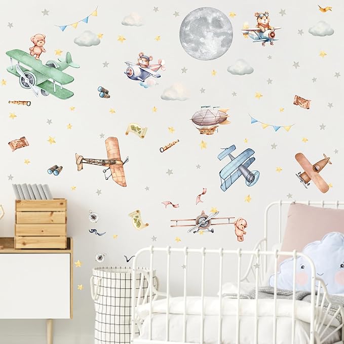 Vintage Airplane Wall Decals Cartoon Aircraft Balloon Animal Wall Stickers Moon Star Cloud Fabric Wall Stickers Cute Helicopter Watercolor Plane Wall Decals for Boys Room Kids Bedroom Nursery Decor