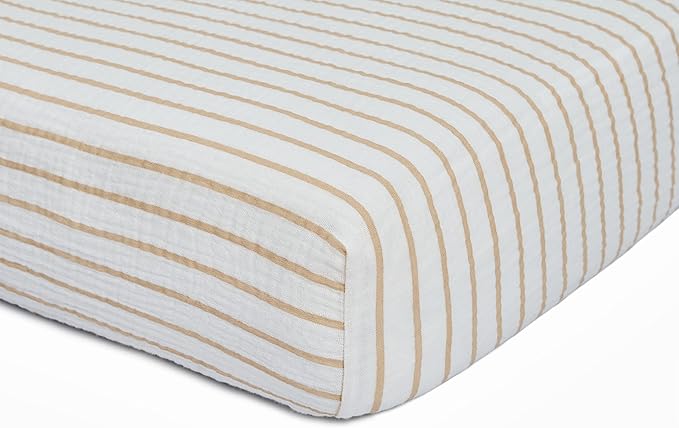 Meracorallo Muslin Fitted Crib Sheet, Soft and Breathable Baby Crib Sheet for Standard Crib and Toddler Mattresses (Neutral Stripe)