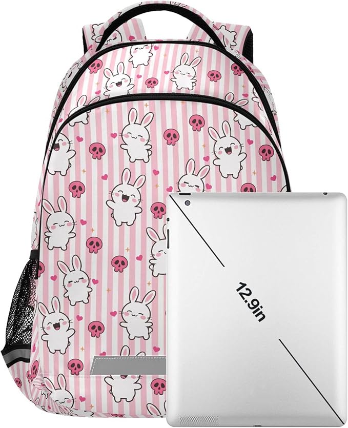 MNSRUU School Backpack with Chest Strap, Doodle Kawaii Rabbit Laptop Backpack, Travel Hiking Backpack for Boys Girls, Rucksack, Knapsack One Size