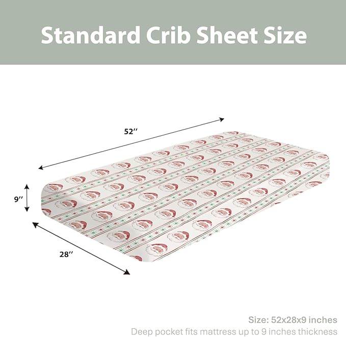 Red and Green Christmas Santa Baby Crib Sheets for Boy Girl 52"x28" Winter Santa Claus Stars Stripe Soft Snug Fitted Crib Mattress Cover Holiday Festive Baby Sheet for Standard Crib & Toddler Mattress