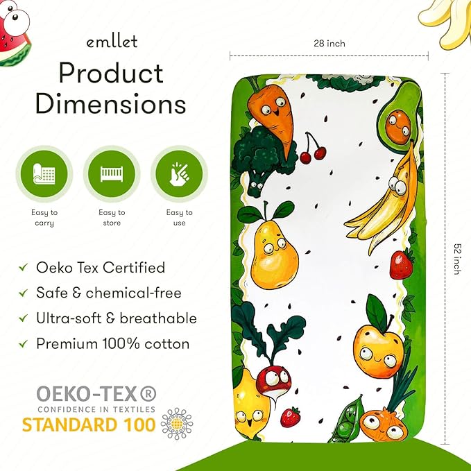 100% Cotton Fitted Crib Sheet, Happy Harvest Fruit and Veggie Theme, Breathable Baby Nursery Bedding, Standard 52 x 28 in Crib Fit