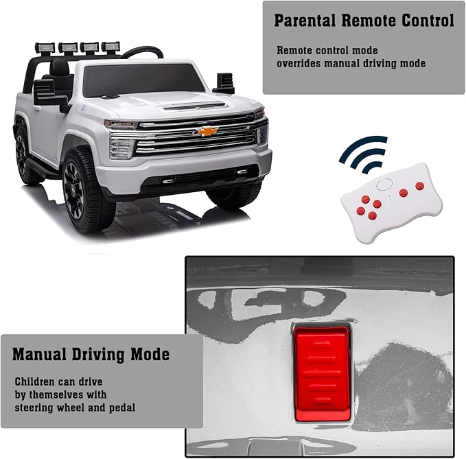 FINITO 24V Kids Electric Car,4WD Licensed Chevrolet Silverado,2 Seater Ride On UTV Car with Parental Remote Control, Music, Bluetooth, Gift for Kids(White)