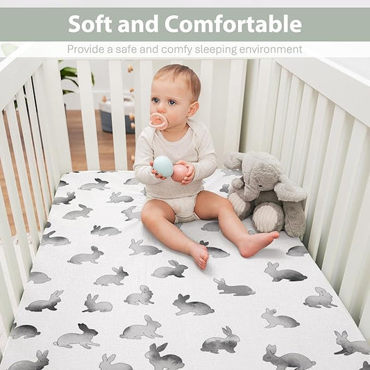 Vintage Gray Rabbit Baby Crib Sheets for Boy Girl 28"x52" Retro Bunny Soft Stretchy Fitted Crib Mattress Cover Spring Garden Animal Nursery Baby Sheet for Standard Crib & Toddler Mattress Pad