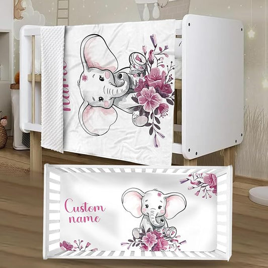 Personalized Baby Crib Bedding Set, Custom Name Floral Elephant Baby Bedding 2-Pcs Set - Soft Double Layer Dotted Blanket and Fitted Sheet, Nursery Bedding for Newborn Boys Girls, Perfect Shower Gift