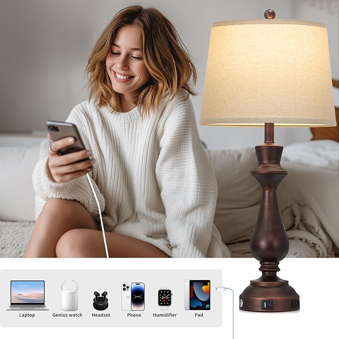 luxeflow Vintage Table Lamps Set of 2 for Living Room,30" Tall Bedside Lamp with USB Charging Port,3-Way Dimmable Touch Nightstand Lamp for Bedroom Desk Side Table Office,Brown