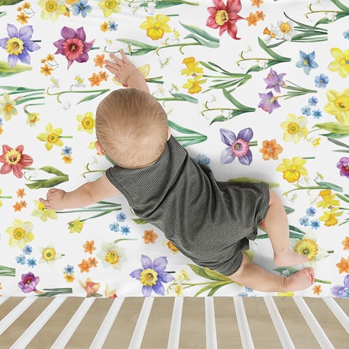 Watercolor Daffodils Flowers Baby Crib Sheets for Boy Girl 28"x52" Colorful Spring Bloom Soft Stretchy Fitted Crib Mattress Covers Garden Floral Summer Baby Sheet for Crib and Toddler Bed Mattresses