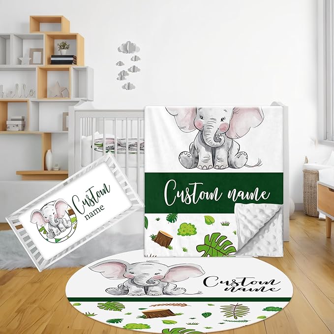 Personalized Baby Bedding Set, 3 Pcs Custom Name Crib Bedding Set for Nursery, Soft Double Layer Baby Crib Set for Boys Girls, Customized Gifts for New Parents Toddler Infant, Green Elephant