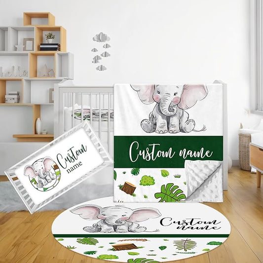 Personalized Baby Bedding Set, 3 Pcs Custom Name Crib Bedding Set for Nursery, Soft Double Layer Baby Crib Set for Boys Girls, Customized Gifts for New Parents Toddler Infant, Green Elephant